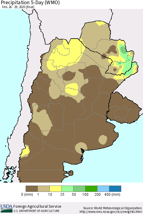 Southern South America Precipitation 5-Day (WMO) Thematic Map For 2/26/2020 - 2/29/2020