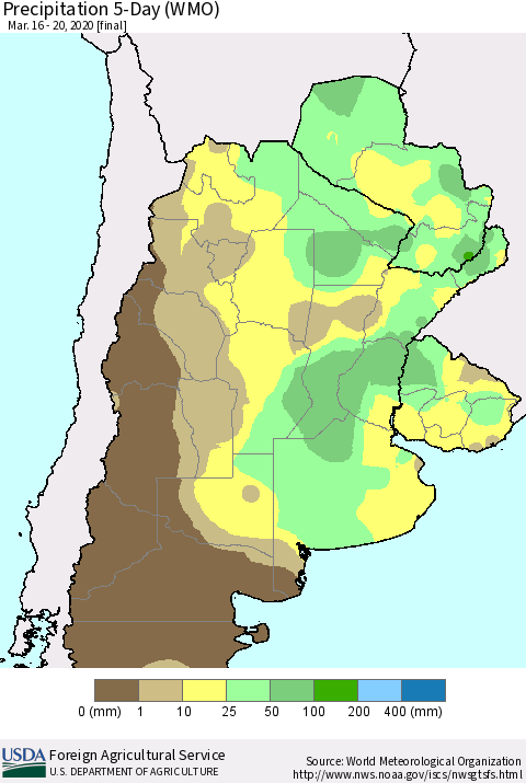 Southern South America Precipitation 5-Day (WMO) Thematic Map For 3/16/2020 - 3/20/2020