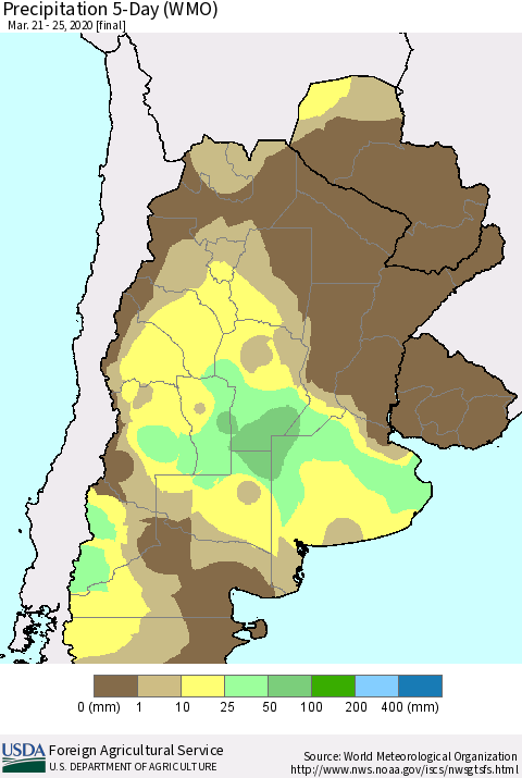Southern South America Precipitation 5-Day (WMO) Thematic Map For 3/21/2020 - 3/25/2020