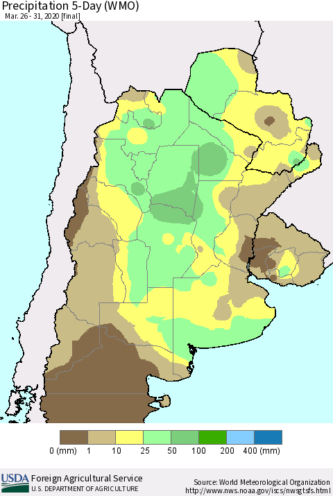 Southern South America Precipitation 5-Day (WMO) Thematic Map For 3/26/2020 - 3/31/2020