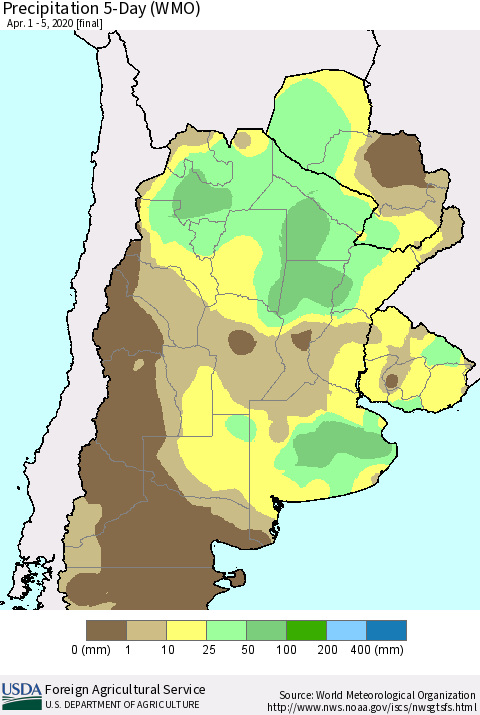 Southern South America Precipitation 5-Day (WMO) Thematic Map For 4/1/2020 - 4/5/2020