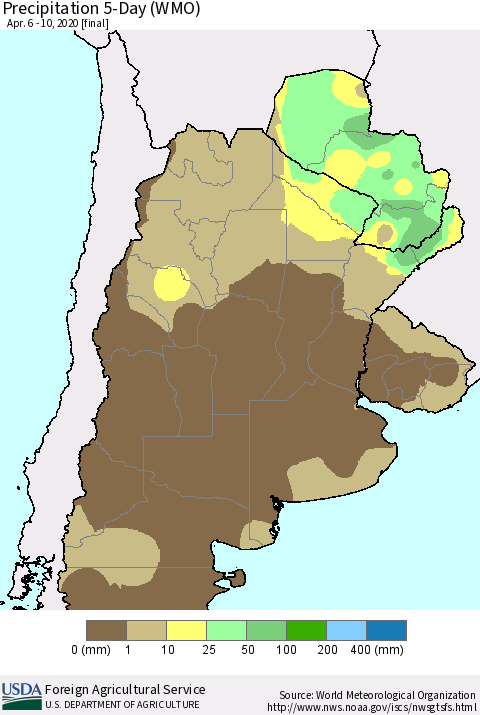 Southern South America Precipitation 5-Day (WMO) Thematic Map For 4/6/2020 - 4/10/2020
