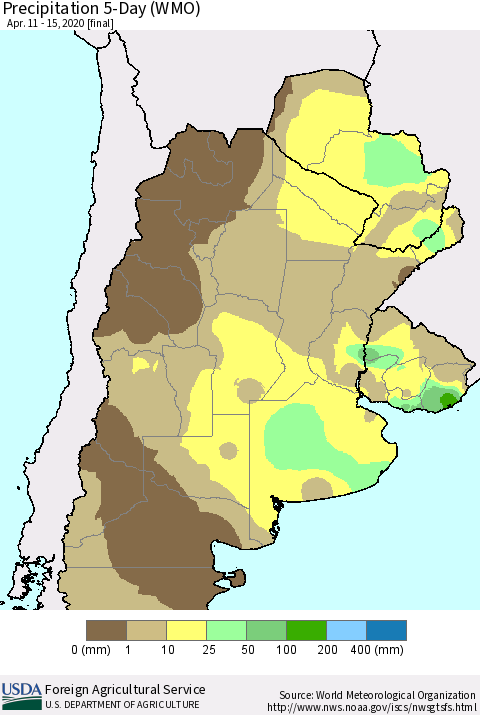 Southern South America Precipitation 5-Day (WMO) Thematic Map For 4/11/2020 - 4/15/2020