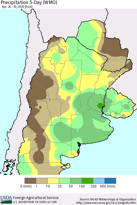Southern South America Precipitation 5-Day (WMO) Thematic Map For 4/26/2020 - 4/30/2020