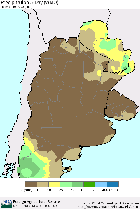 Southern South America Precipitation 5-Day (WMO) Thematic Map For 5/6/2020 - 5/10/2020
