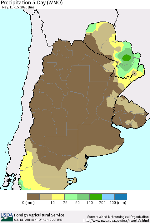 Southern South America Precipitation 5-Day (WMO) Thematic Map For 5/11/2020 - 5/15/2020