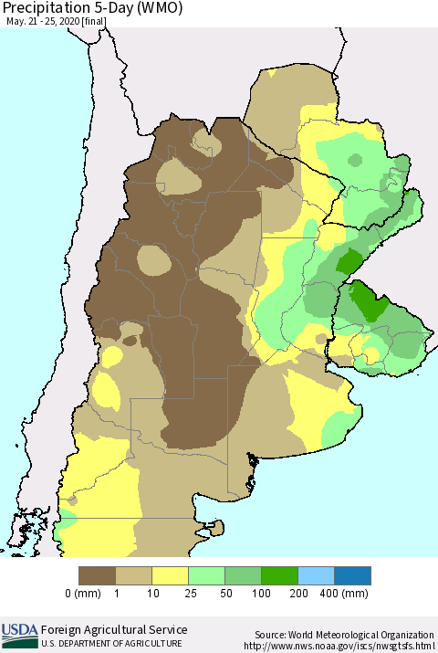 Southern South America Precipitation 5-Day (WMO) Thematic Map For 5/21/2020 - 5/25/2020