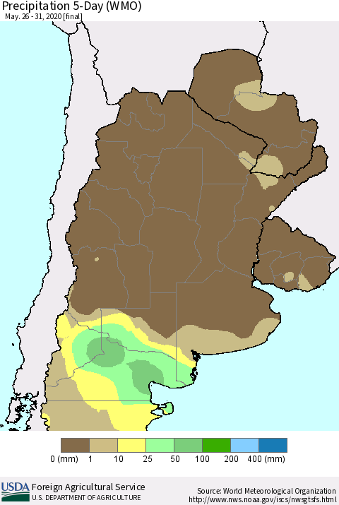 Southern South America Precipitation 5-Day (WMO) Thematic Map For 5/26/2020 - 5/31/2020