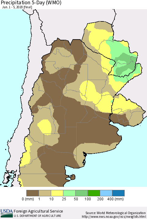 Southern South America Precipitation 5-Day (WMO) Thematic Map For 6/1/2020 - 6/5/2020