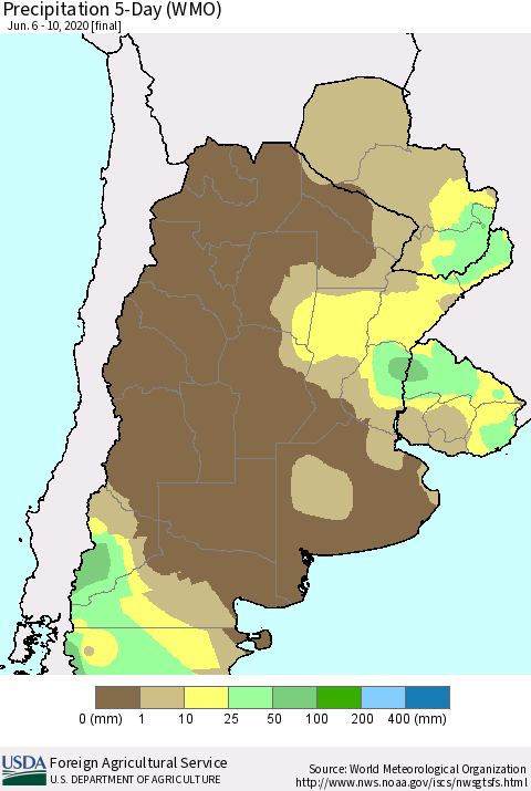 Southern South America Precipitation 5-Day (WMO) Thematic Map For 6/6/2020 - 6/10/2020