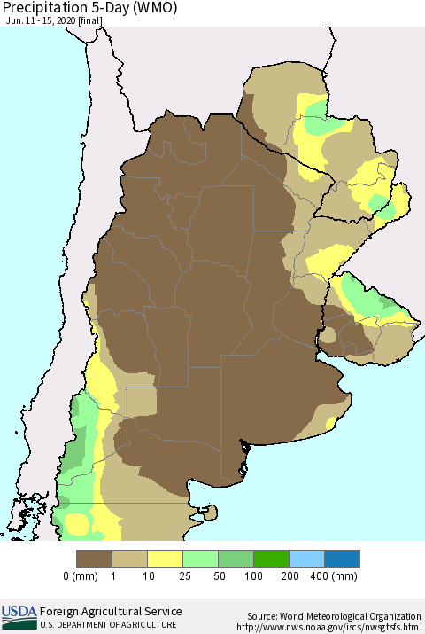 Southern South America Precipitation 5-Day (WMO) Thematic Map For 6/11/2020 - 6/15/2020