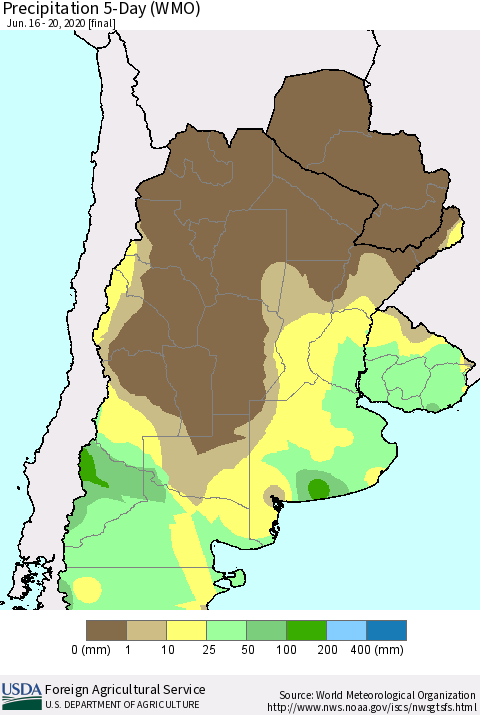 Southern South America Precipitation 5-Day (WMO) Thematic Map For 6/16/2020 - 6/20/2020