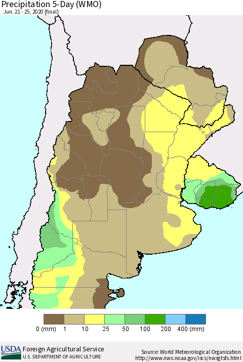 Southern South America Precipitation 5-Day (WMO) Thematic Map For 6/21/2020 - 6/25/2020