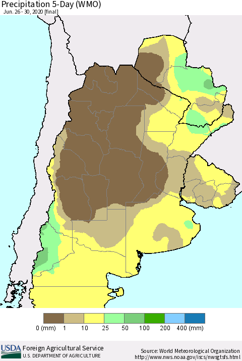 Southern South America Precipitation 5-Day (WMO) Thematic Map For 6/26/2020 - 6/30/2020