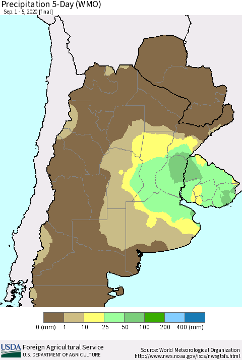 Southern South America Precipitation 5-Day (WMO) Thematic Map For 9/1/2020 - 9/5/2020