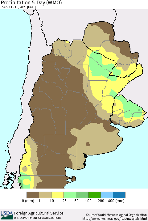 Southern South America Precipitation 5-Day (WMO) Thematic Map For 9/11/2020 - 9/15/2020