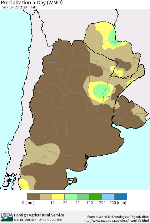 Southern South America Precipitation 5-Day (WMO) Thematic Map For 9/16/2020 - 9/20/2020