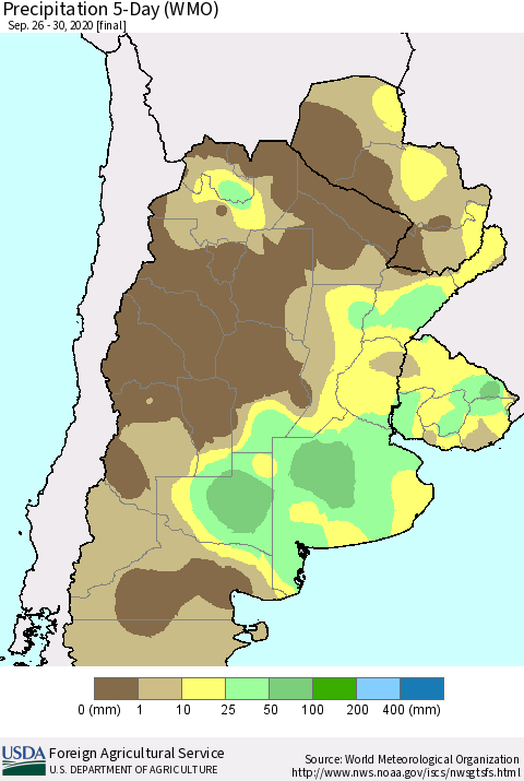 Southern South America Precipitation 5-Day (WMO) Thematic Map For 9/26/2020 - 9/30/2020