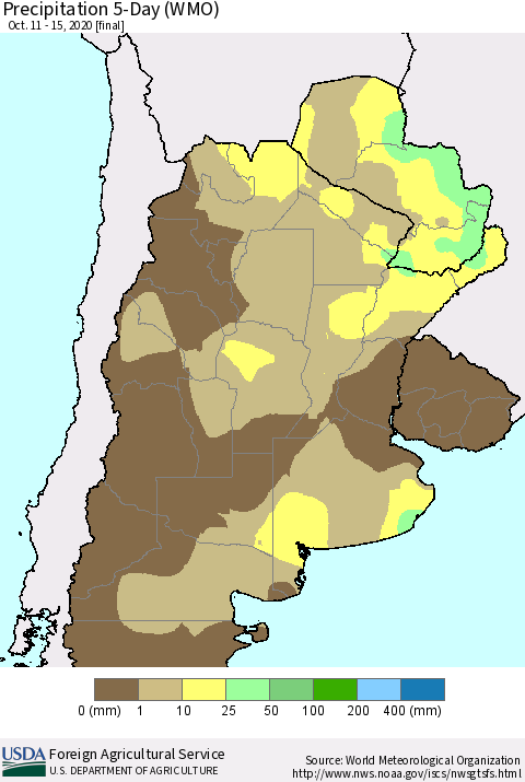 Southern South America Precipitation 5-Day (WMO) Thematic Map For 10/11/2020 - 10/15/2020