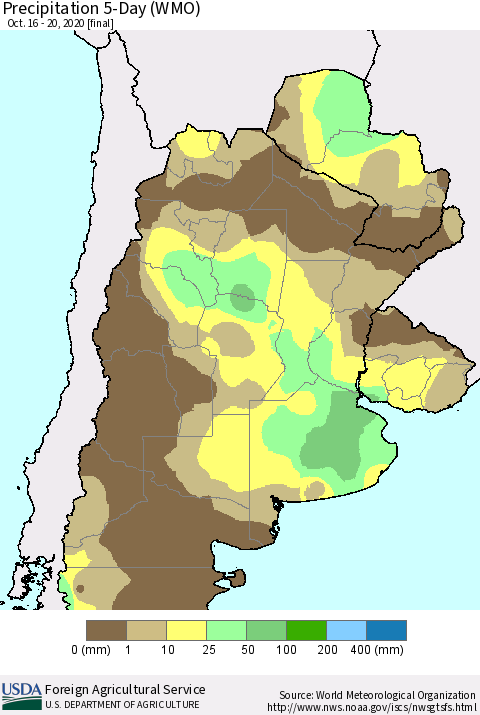 Southern South America Precipitation 5-Day (WMO) Thematic Map For 10/16/2020 - 10/20/2020