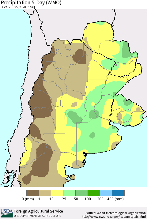 Southern South America Precipitation 5-Day (WMO) Thematic Map For 10/21/2020 - 10/25/2020