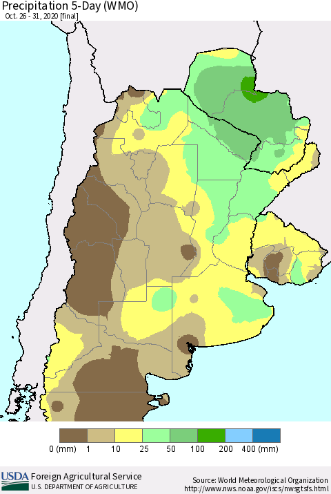 Southern South America Precipitation 5-Day (WMO) Thematic Map For 10/26/2020 - 10/31/2020