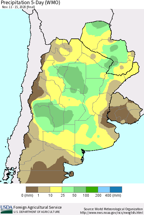 Southern South America Precipitation 5-Day (WMO) Thematic Map For 11/11/2020 - 11/15/2020