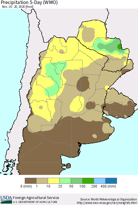 Southern South America Precipitation 5-Day (WMO) Thematic Map For 11/16/2020 - 11/20/2020