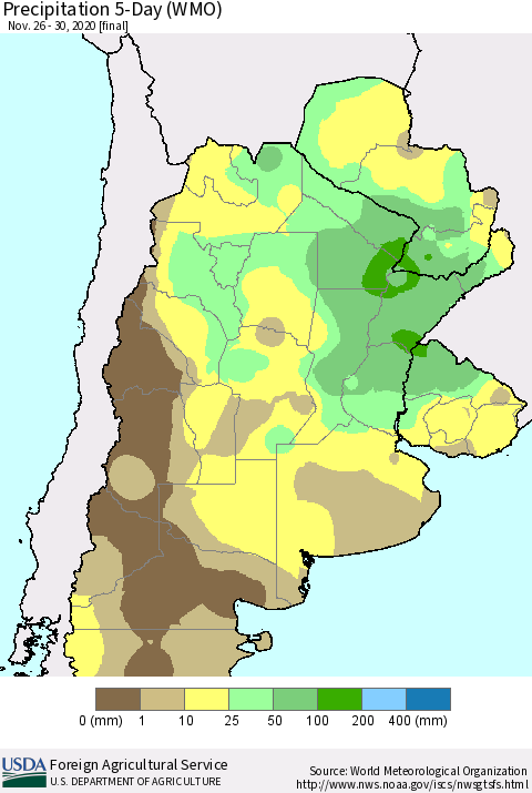 Southern South America Precipitation 5-Day (WMO) Thematic Map For 11/26/2020 - 11/30/2020
