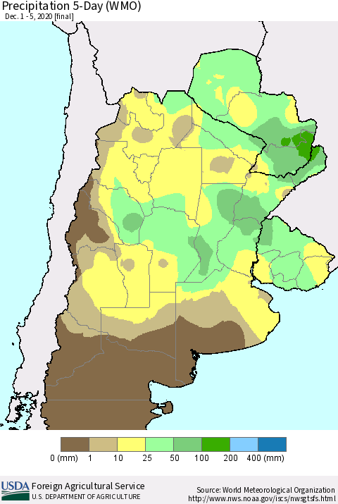 Southern South America Precipitation 5-Day (WMO) Thematic Map For 12/1/2020 - 12/5/2020