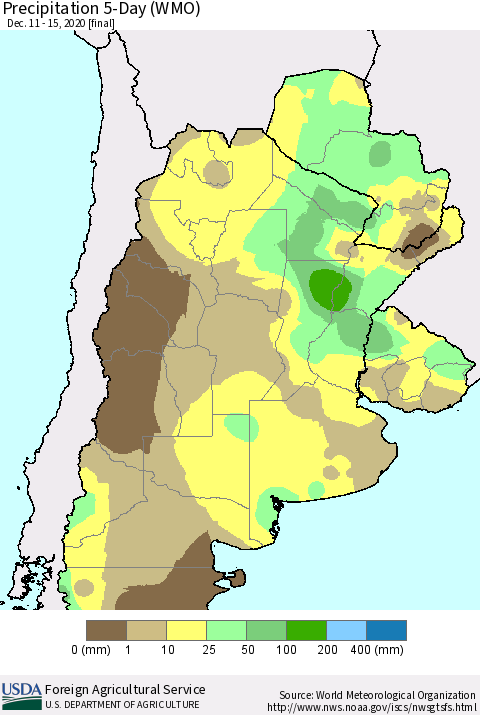 Southern South America Precipitation 5-Day (WMO) Thematic Map For 12/11/2020 - 12/15/2020