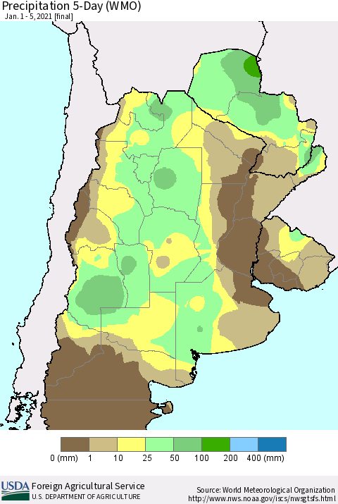 Southern South America Precipitation 5-Day (WMO) Thematic Map For 1/1/2021 - 1/5/2021
