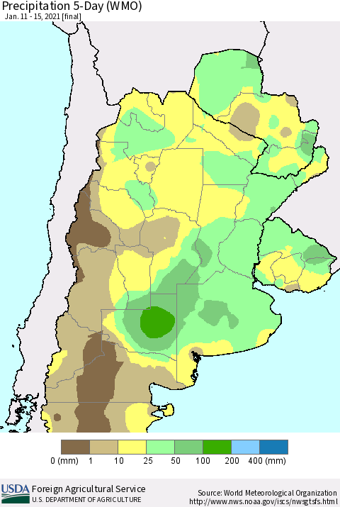 Southern South America Precipitation 5-Day (WMO) Thematic Map For 1/11/2021 - 1/15/2021