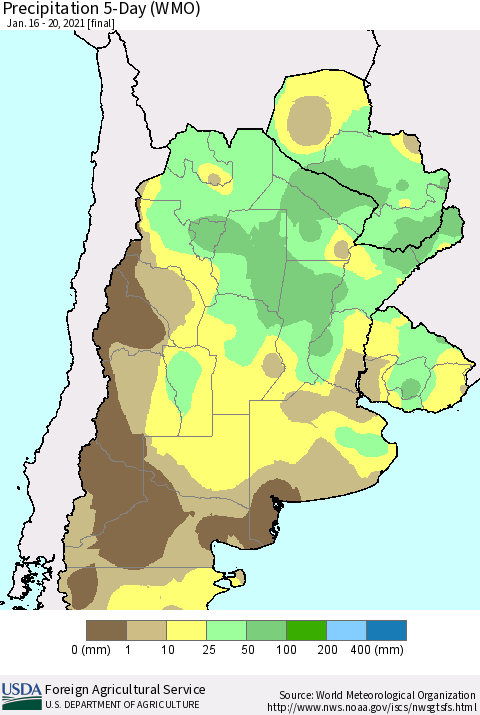 Southern South America Precipitation 5-Day (WMO) Thematic Map For 1/16/2021 - 1/20/2021