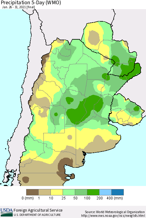 Southern South America Precipitation 5-Day (WMO) Thematic Map For 1/26/2021 - 1/31/2021