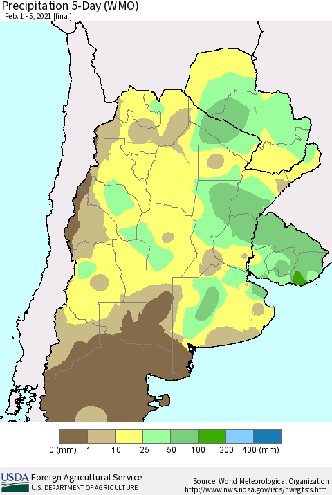 Southern South America Precipitation 5-Day (WMO) Thematic Map For 2/1/2021 - 2/5/2021