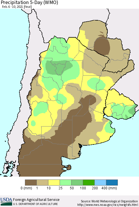 Southern South America Precipitation 5-Day (WMO) Thematic Map For 2/6/2021 - 2/10/2021