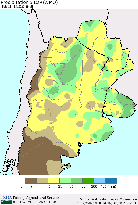 Southern South America Precipitation 5-Day (WMO) Thematic Map For 2/11/2021 - 2/15/2021