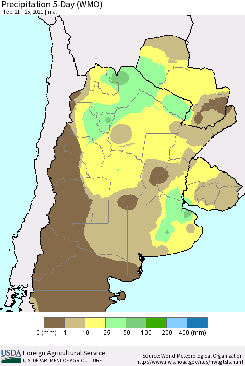Southern South America Precipitation 5-Day (WMO) Thematic Map For 2/21/2021 - 2/25/2021