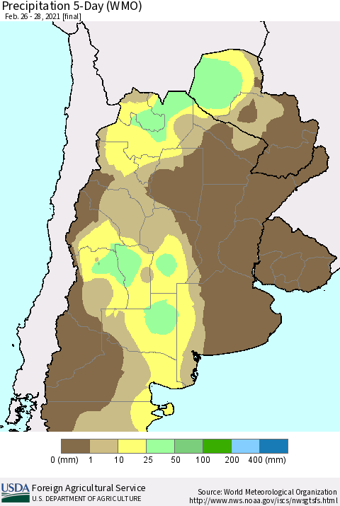 Southern South America Precipitation 5-Day (WMO) Thematic Map For 2/26/2021 - 2/28/2021