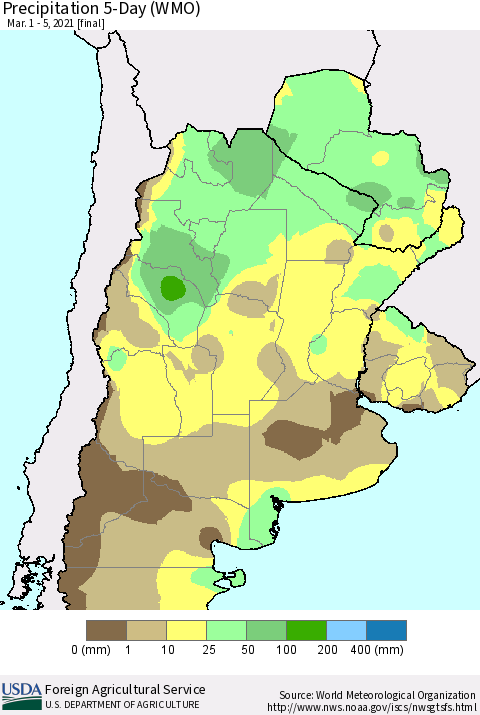 Southern South America Precipitation 5-Day (WMO) Thematic Map For 3/1/2021 - 3/5/2021