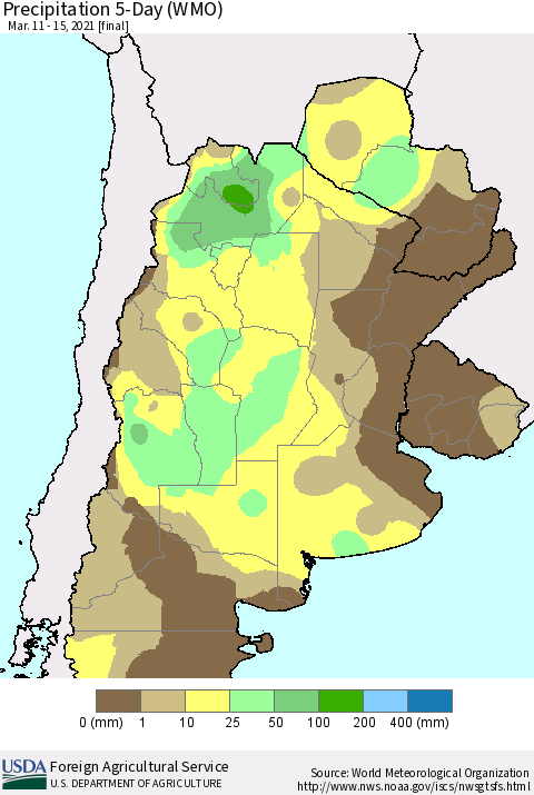 Southern South America Precipitation 5-Day (WMO) Thematic Map For 3/11/2021 - 3/15/2021