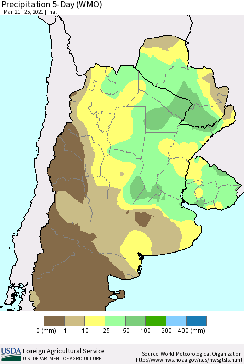 Southern South America Precipitation 5-Day (WMO) Thematic Map For 3/21/2021 - 3/25/2021