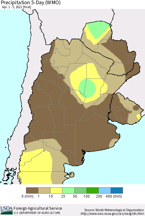 Southern South America Precipitation 5-Day (WMO) Thematic Map For 4/1/2021 - 4/5/2021