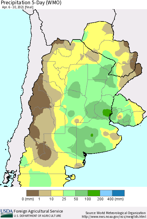 Southern South America Precipitation 5-Day (WMO) Thematic Map For 4/6/2021 - 4/10/2021