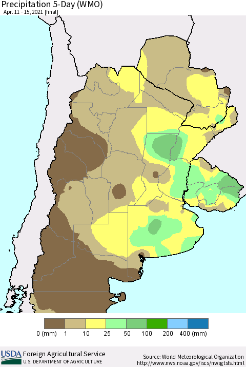 Southern South America Precipitation 5-Day (WMO) Thematic Map For 4/11/2021 - 4/15/2021