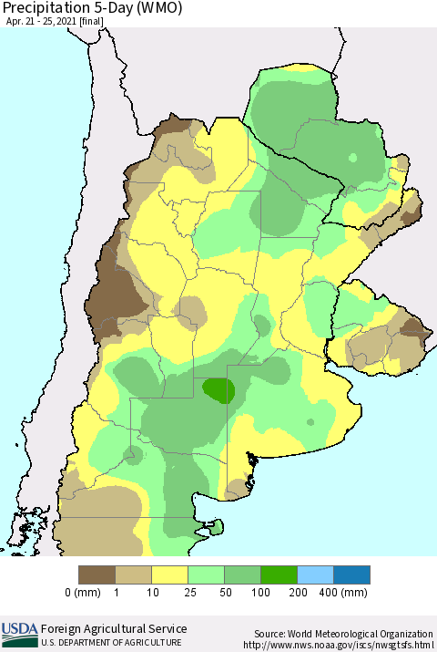 Southern South America Precipitation 5-Day (WMO) Thematic Map For 4/21/2021 - 4/25/2021