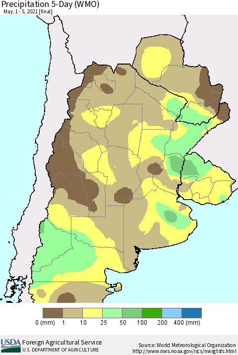 Southern South America Precipitation 5-Day (WMO) Thematic Map For 5/1/2021 - 5/5/2021