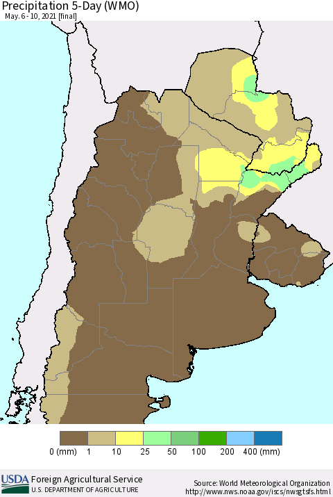 Southern South America Precipitation 5-Day (WMO) Thematic Map For 5/6/2021 - 5/10/2021