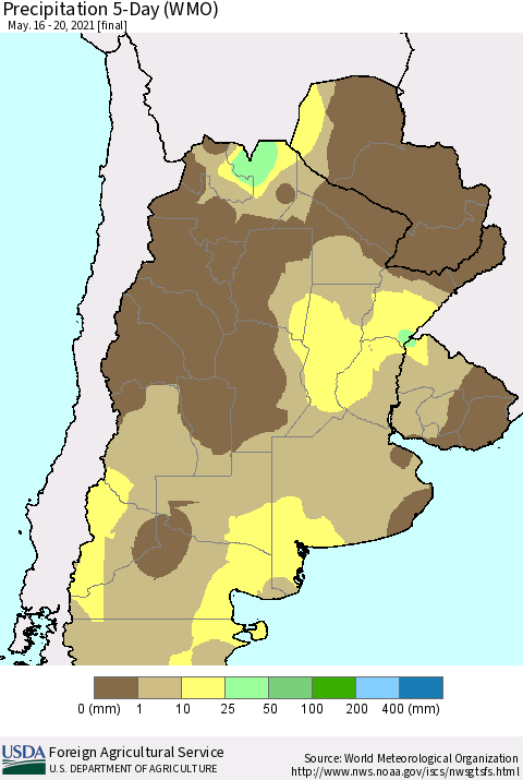 Southern South America Precipitation 5-Day (WMO) Thematic Map For 5/16/2021 - 5/20/2021